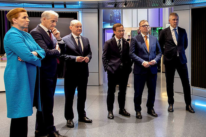 Prime Minister Mette Frederiksen, Denmark, Prime Minister Jonas Gahr Støre, Norway, Federal Chancellor Olaf Scholz, Germany, Prime Minister Ulf Kristersson, Sweden, Prime Minister Petteri Orpo, Finland and Prime Minister Bjarni Benediktsson, Iceland.