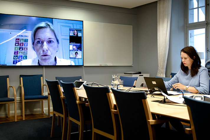 Minister for Gender Equality Åsa Lindhagen is sitting in a conference room looking at a computer.