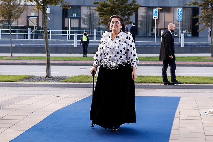 Miranda Vuolasranta, President European Roma and Travellers Forum, arrives at the Malmö International Forum on Holocaust Remembrance and Combating Antisemitism, Remember – ReAct, hosted by Sweden’s Prime Minister Stefan Löfven in Malmö