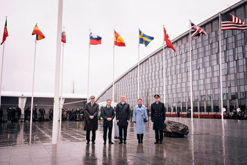 Prime Minister Ulf Kristersson, HRH Crown Princess Victoria, Supreme Commander of the Armed Forces Micael Bydén and Sweden’s Ambassador to NATO Axel Wernhoff outside NATO headquarters in Brussels.