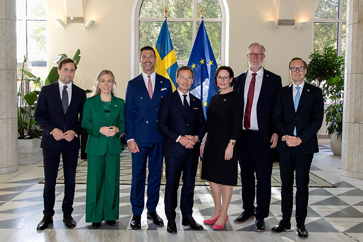 Benjamin Dousa, Minister for International Development Cooperation and Foreign Trade, Jessica Rosencrantz, Minister for EU Affairs, Johan Forssell, Minister for Migration, Prime Minister Ulf Kristersson, Maria Malmer Stenergard, Minister for Foreign Affairs, Johan Pehrson, Minister for Education and Mats Persson, Minister for Employment and Integration.