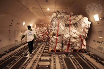 Humanitarian aid inside an airplane.