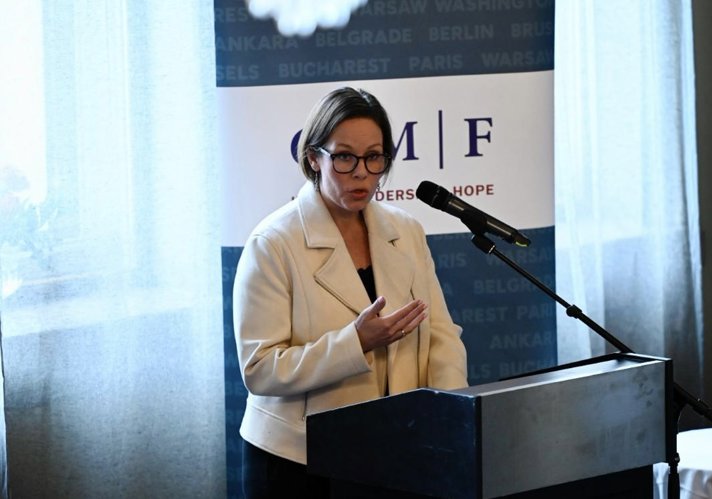 Minister for Foreign Affairs Maria Malmer Stenergard speaking at podium.