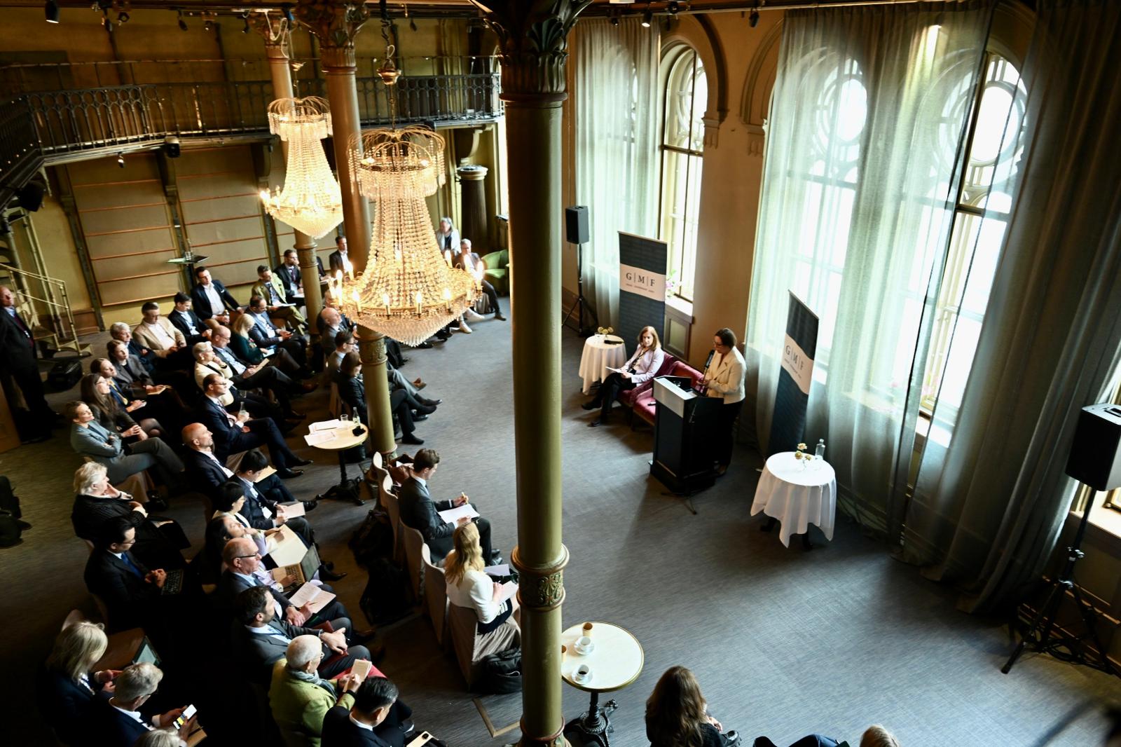 Minister for Foreign Affairs Maria Malmer Stenergard speaking in front of audience.