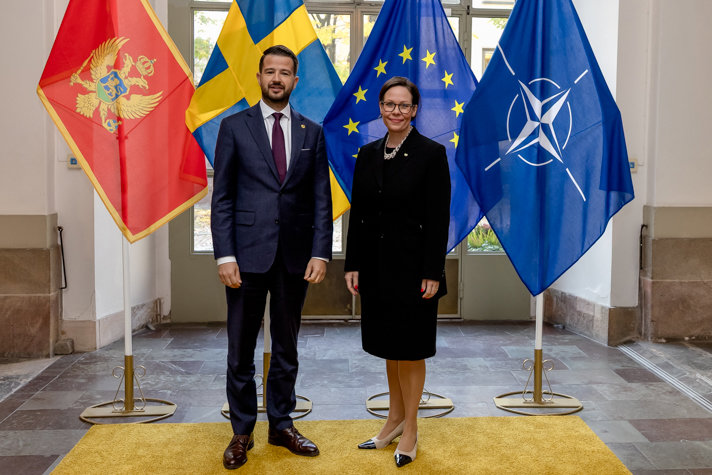 Maria Malmer Stenergard and President of Montenegro Jakov Milatović standing infront of three flags.