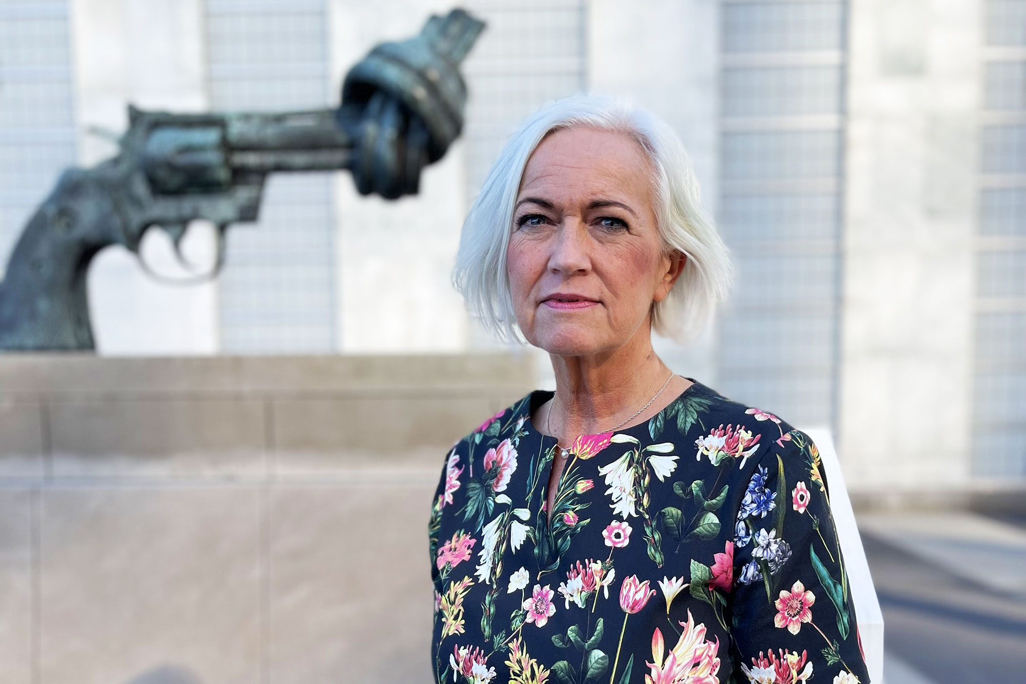 Portrait of Ms Ankarberg Johansson in front of the UN Building.