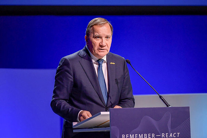 Prime Minister Stefan Löfven making a speach from the podium on Malmö Forum