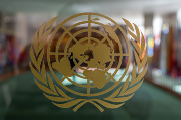 UN symbol on glass.