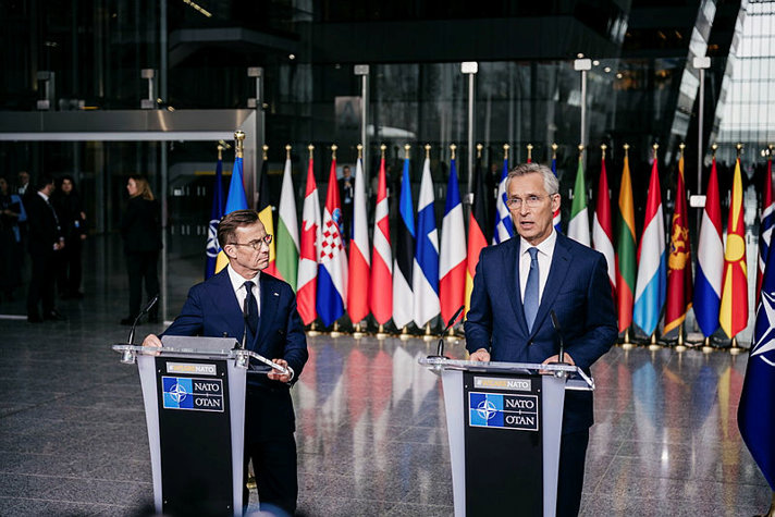 Prime Minister Ulf Kristersson holds a press conference at NATO headquarters in Brussels together with NATO Secretary General Jens Stoltenberg.