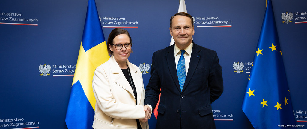 Maria Malmer Stenergard and Radosław Sikorski shaking hands.